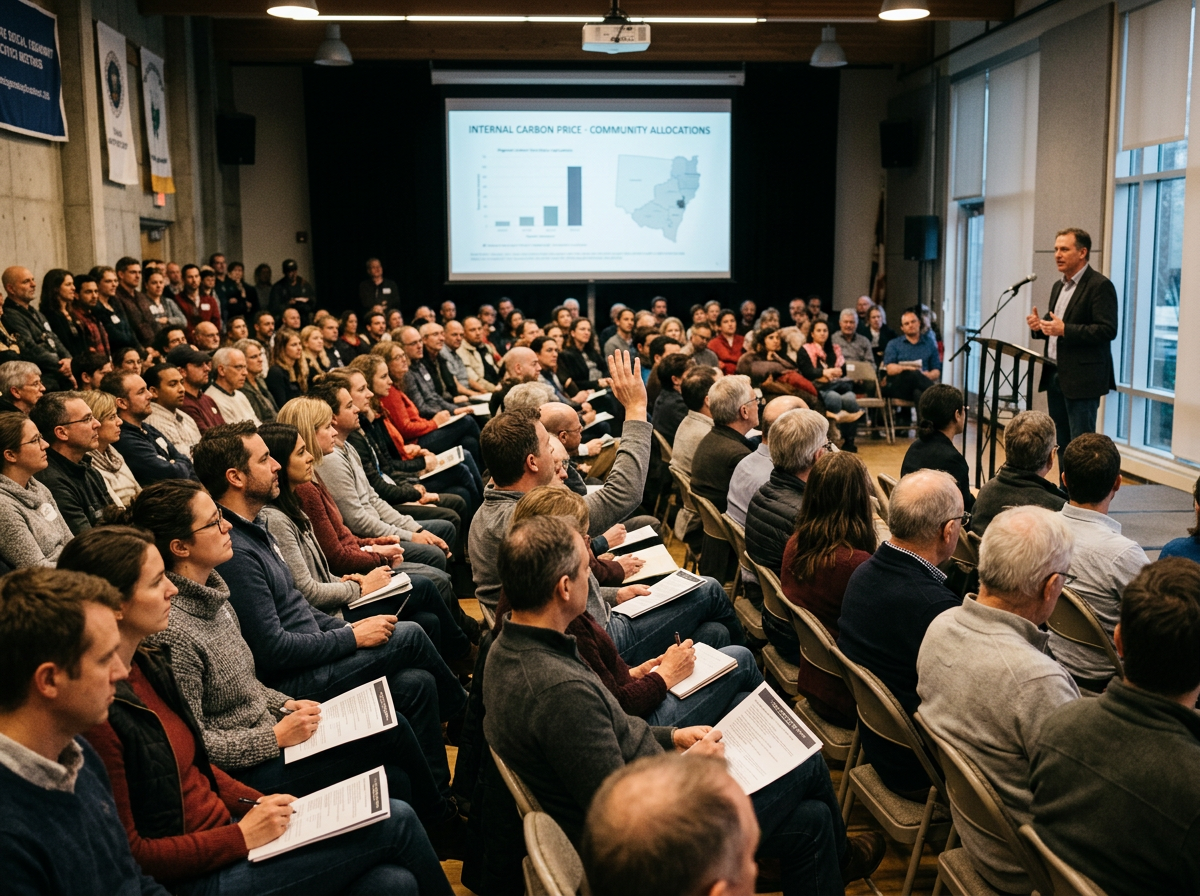 Residents at a packed community town hall while a project developer presents transparent Internal Carbon Pricing commitments