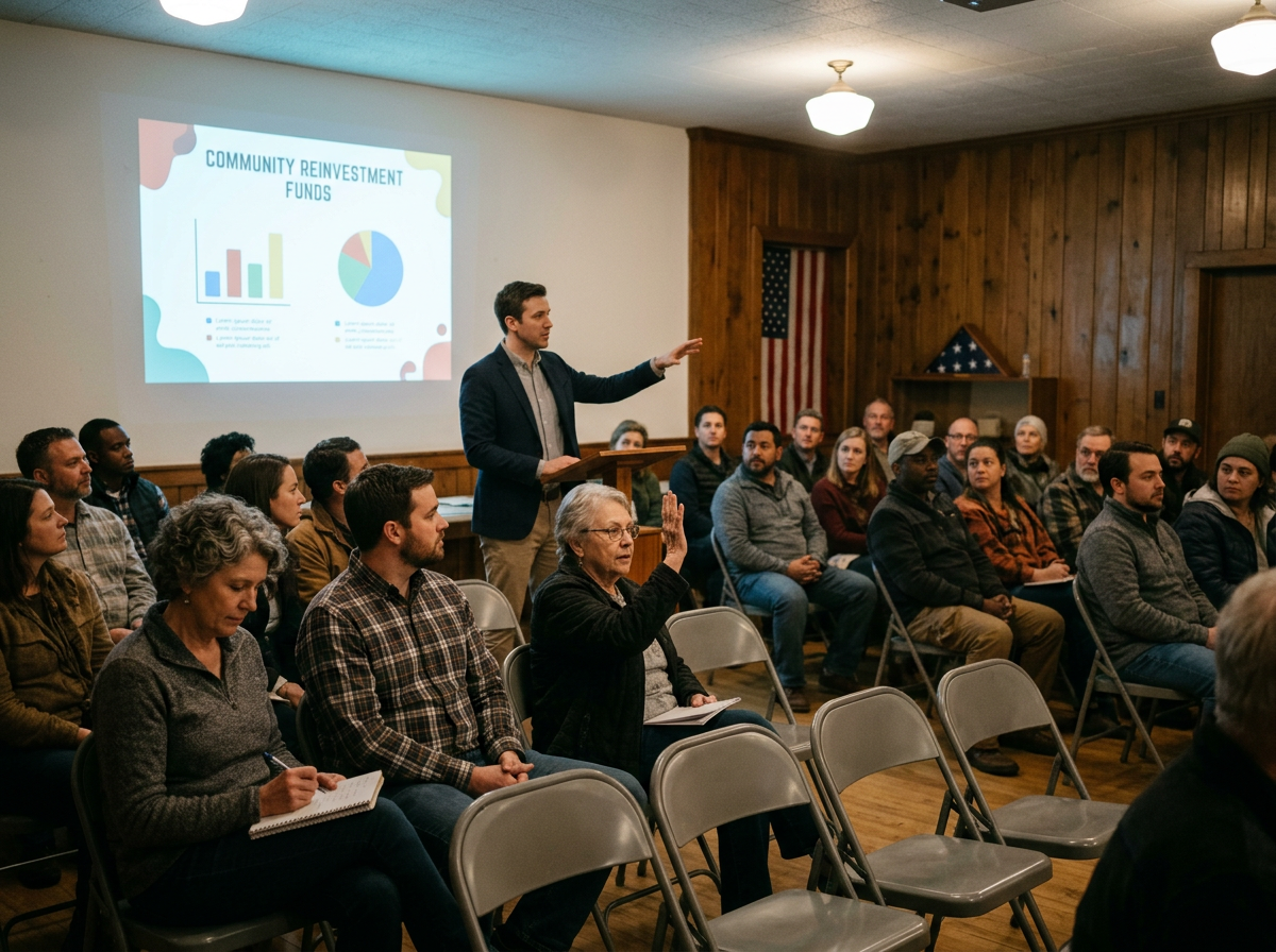 Data center developer presenting community reinvestment fund allocations to local residents at an evening town hall meeting