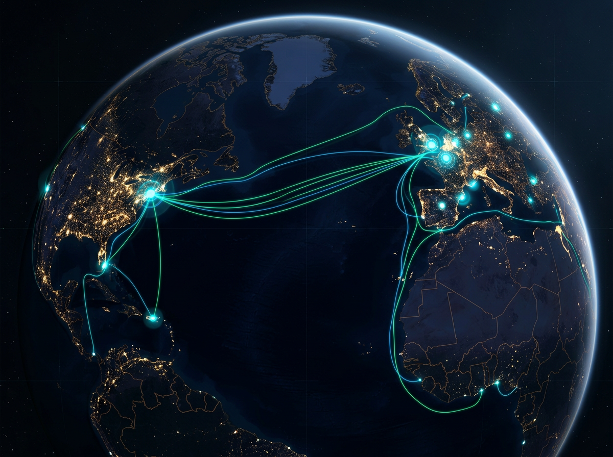 Dark editorial map of Earth at night showing glowing emerald and electric blue subsea fiber cable routes connecting major data center hubs across the Atlantic